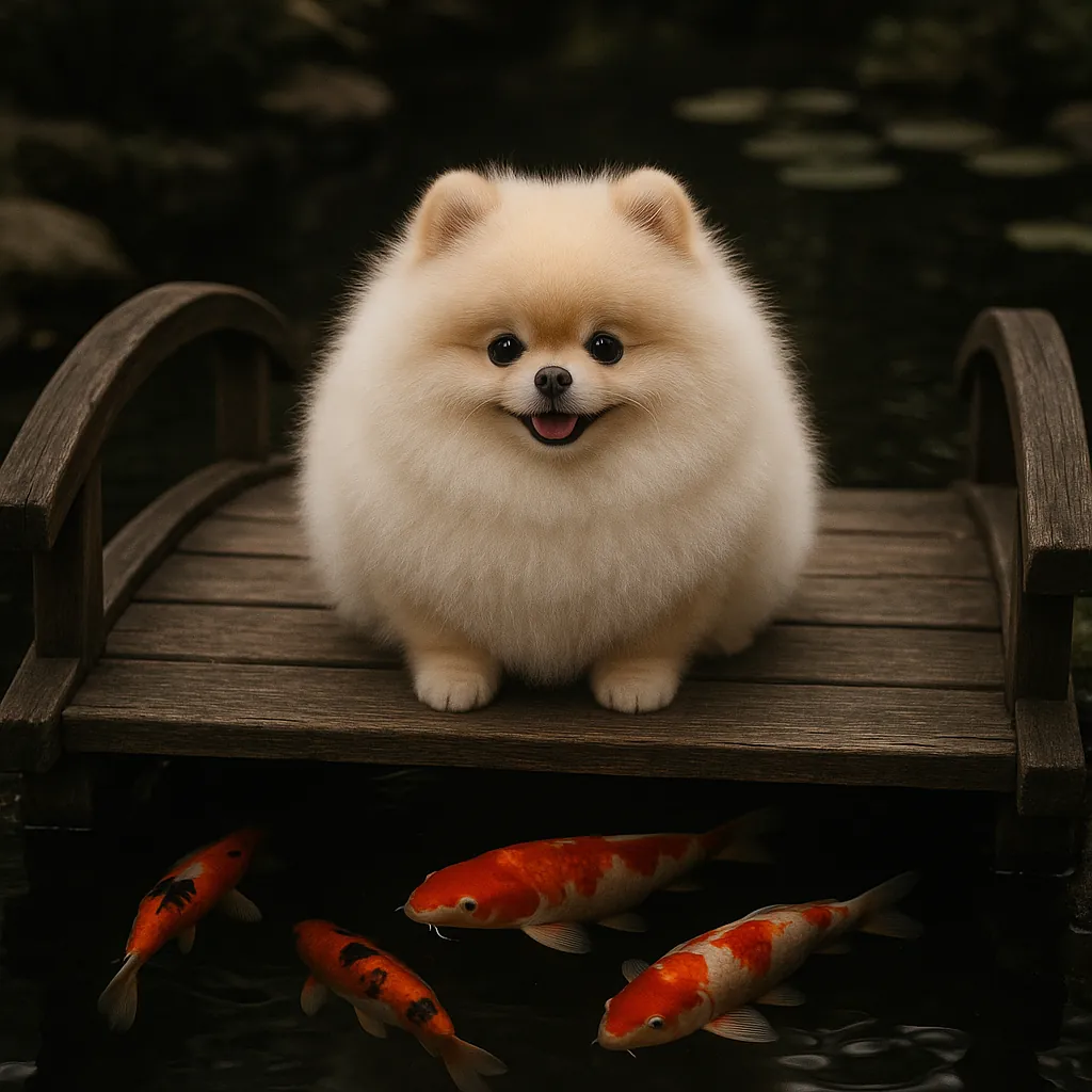 Enjoy assembling a puzzle depicting a fluffy cream Pomeranian perched on a small wooden bridge above a dark pond, with bright orange and white koi swimming belo