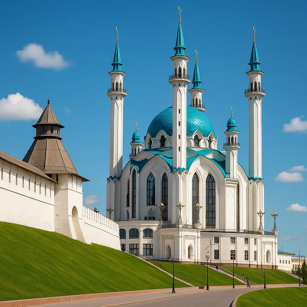 Discover a puzzle with a sunlit mosque framed by vivid turquoise domes and tall white minarets against a clear blue sky, set beside a sloping green lawn and his