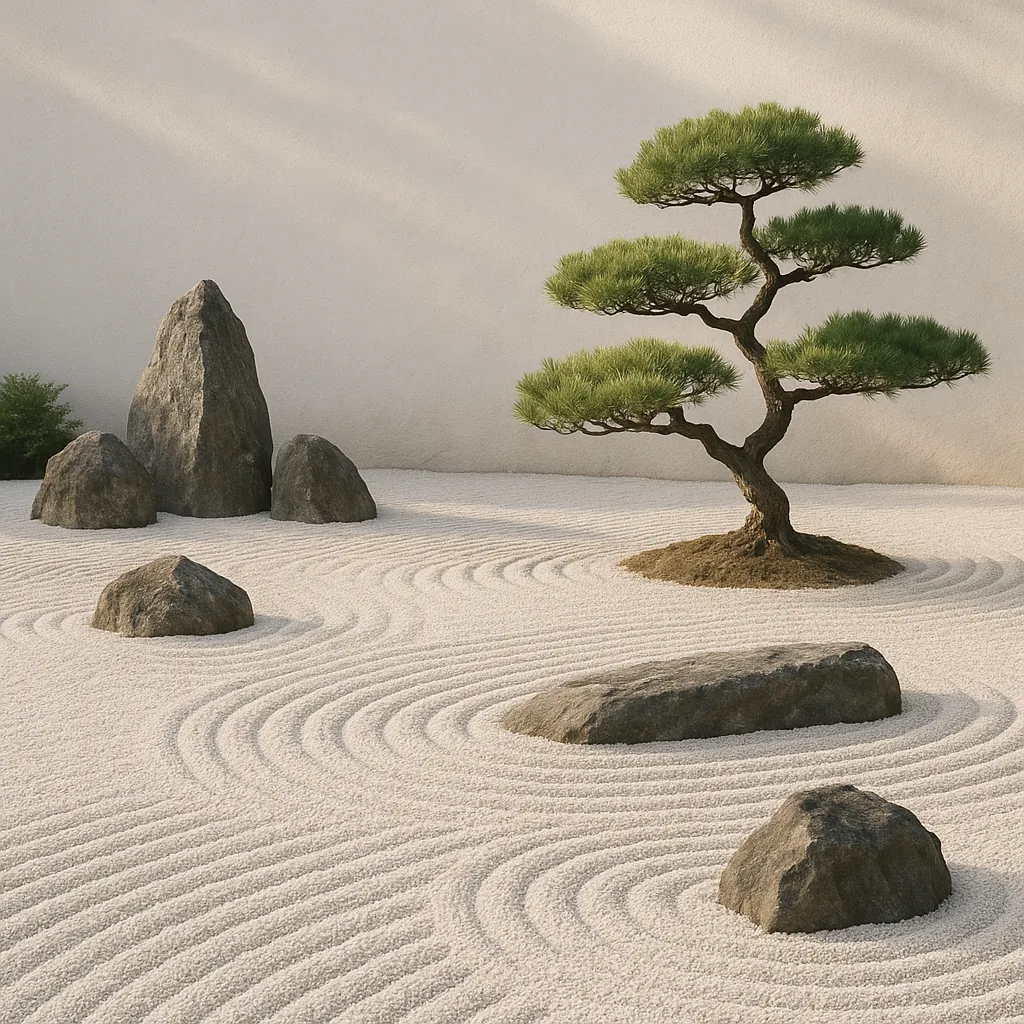 Enjoy assembling a puzzle depicting a serene Japanese rock garden with a sculpted bonsai tree, smooth dark stones, and carefully raked white sand.