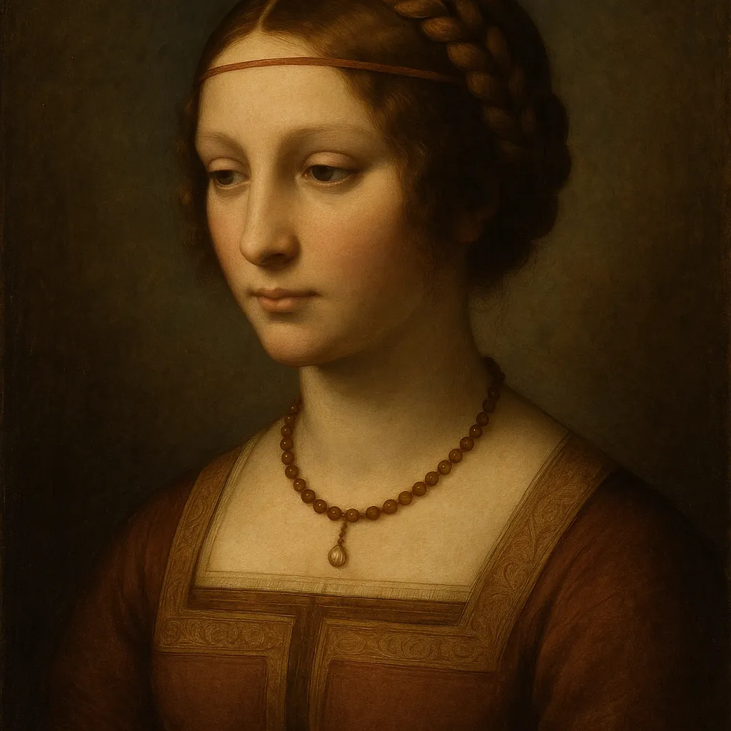 Discover a puzzle with a softly lit, classical portrait of a young woman in warm browns and golds, her braided hair and simple bead necklace rendered in gentle,