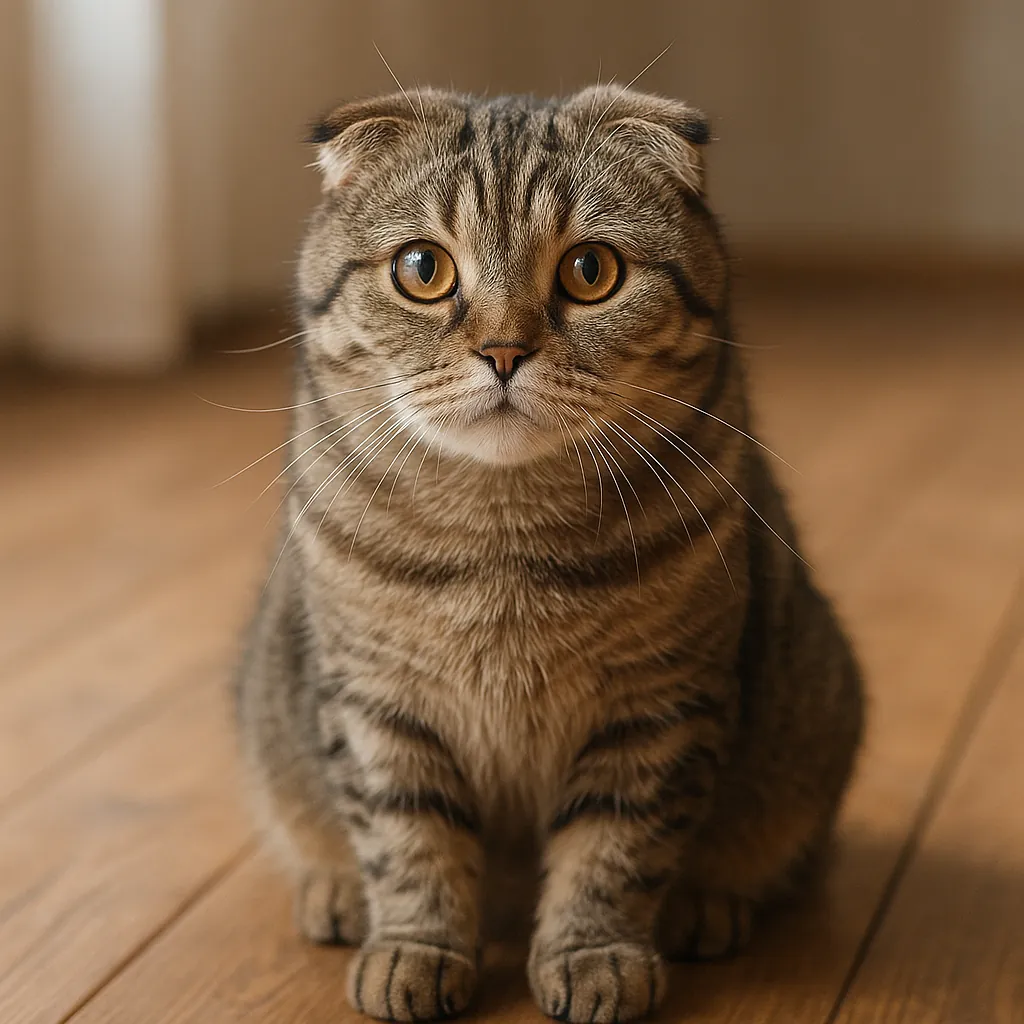 Enjoy assembling a puzzle depicting an adorable tabby cat with folded ears and big amber eyes, sitting on warm wooden floorboards.