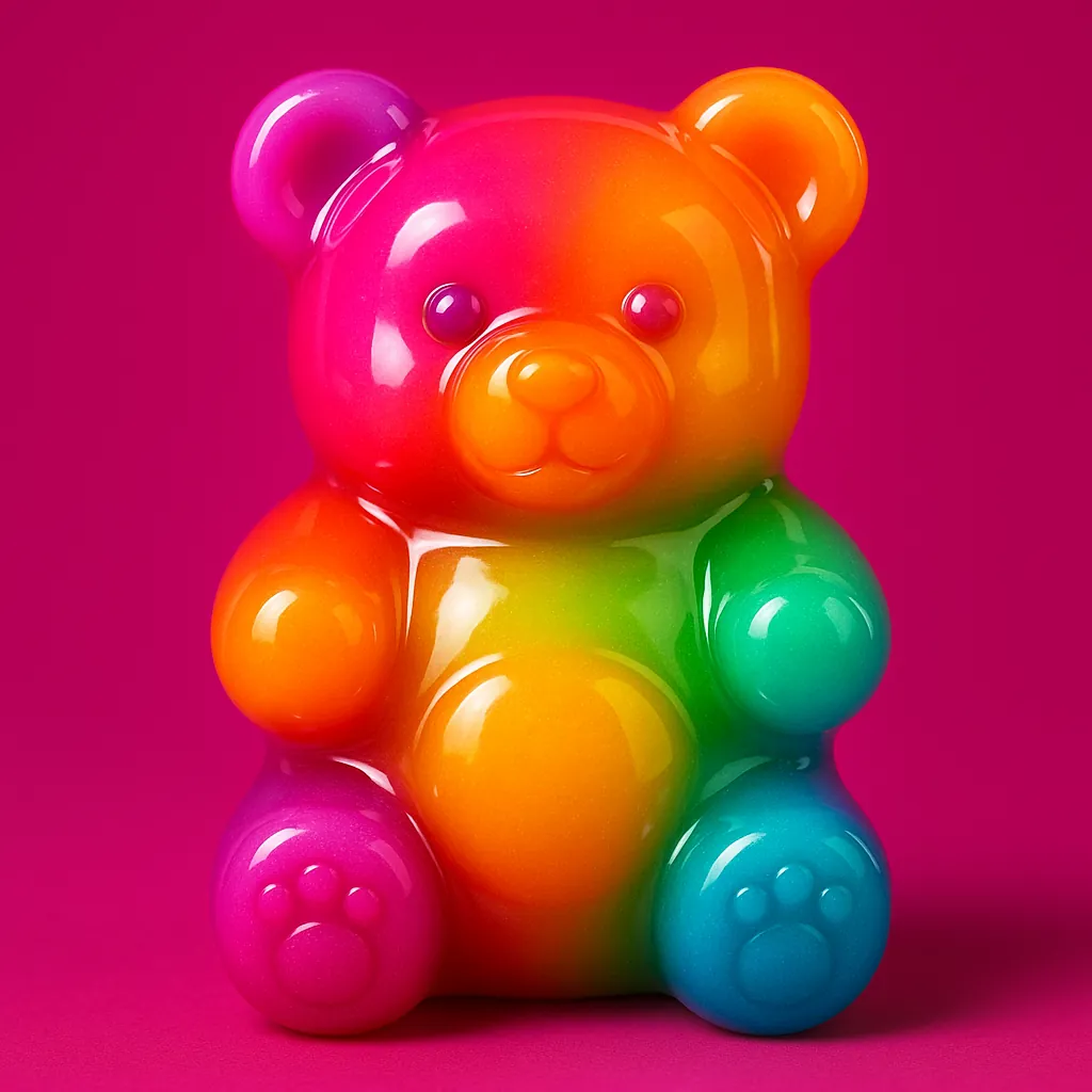 Discover a puzzle with a glossy rainbow gummy bear set against a rich magenta background.