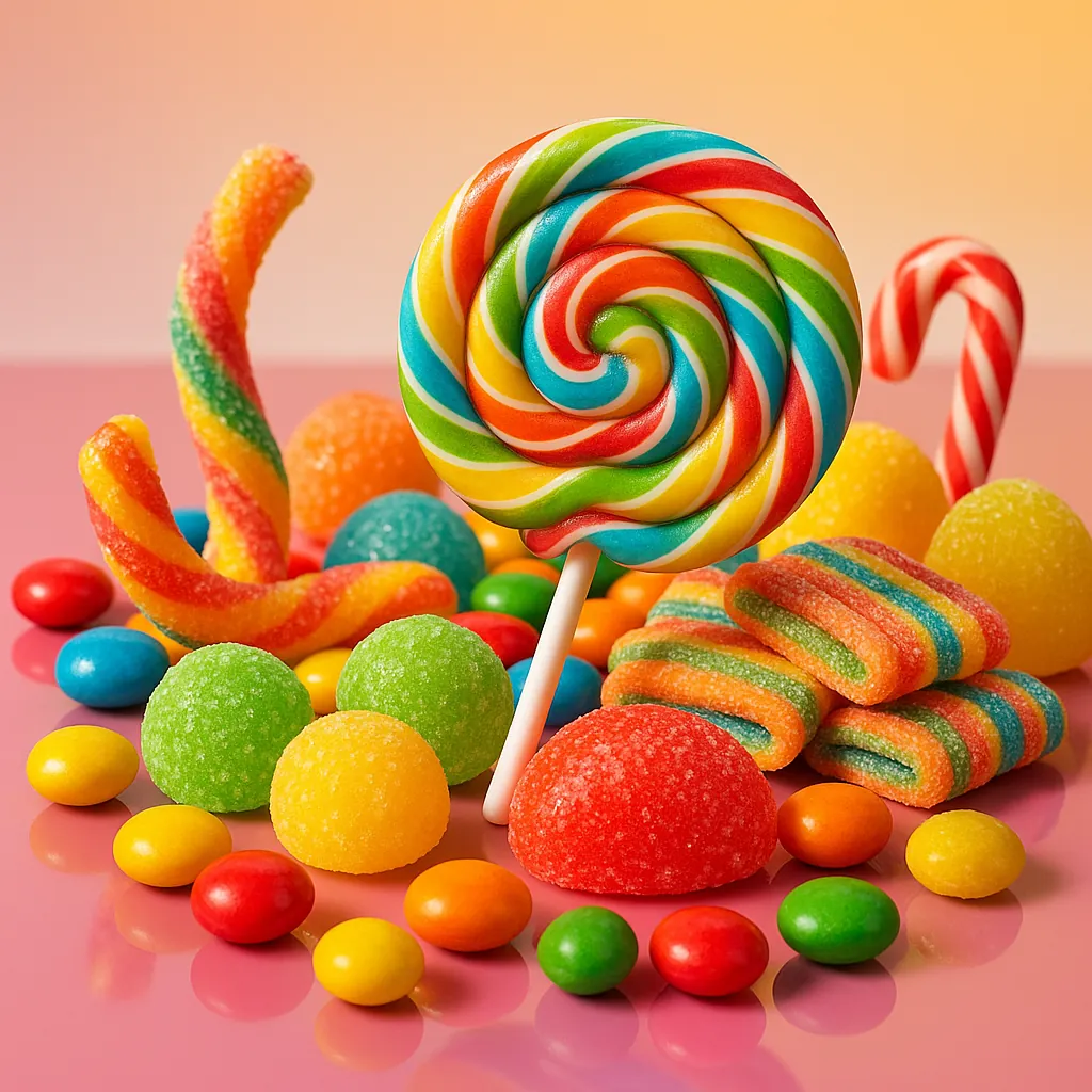 Discover a puzzle with a vibrant assortment of colorful candies and a central rainbow swirl lollipop, perfect for a lively sweets-themed jigsaw.