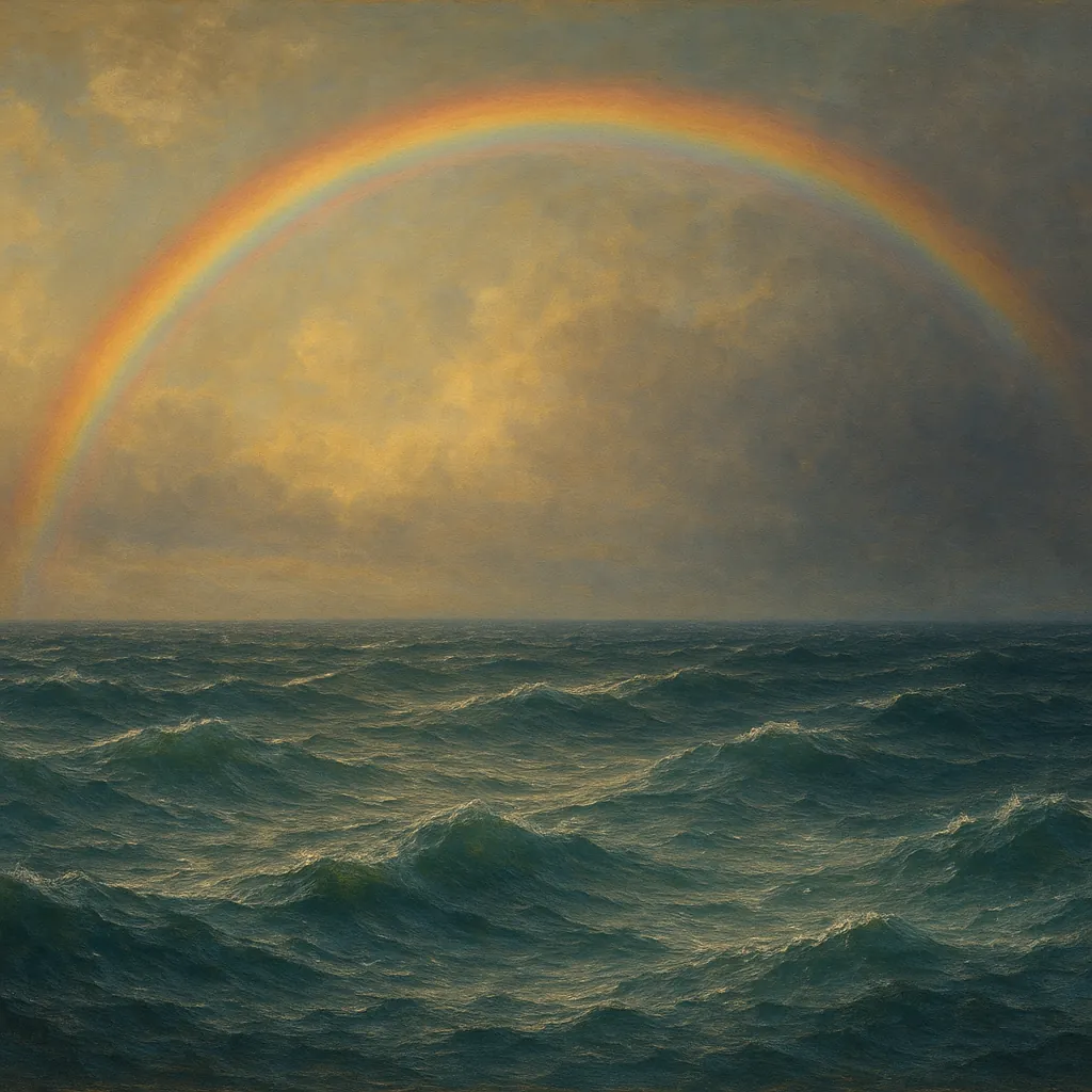 Try solving a puzzle that shows a sweeping ocean scene beneath a soft, golden sky crowned by a vivid rainbow.