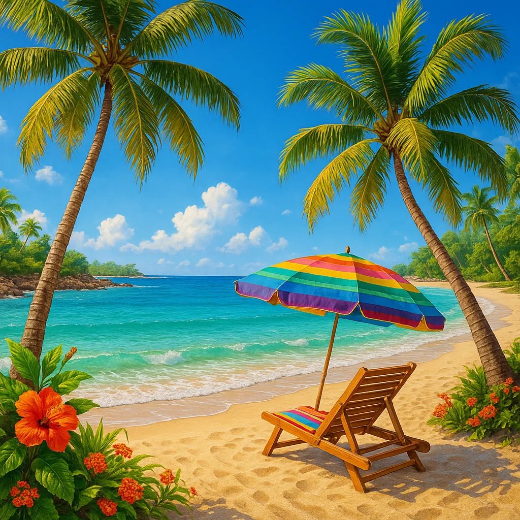 Discover a puzzle with a sunlit tropical beach scene featuring turquoise waves lapping a golden sandy shore beneath swaying green palm fronds.