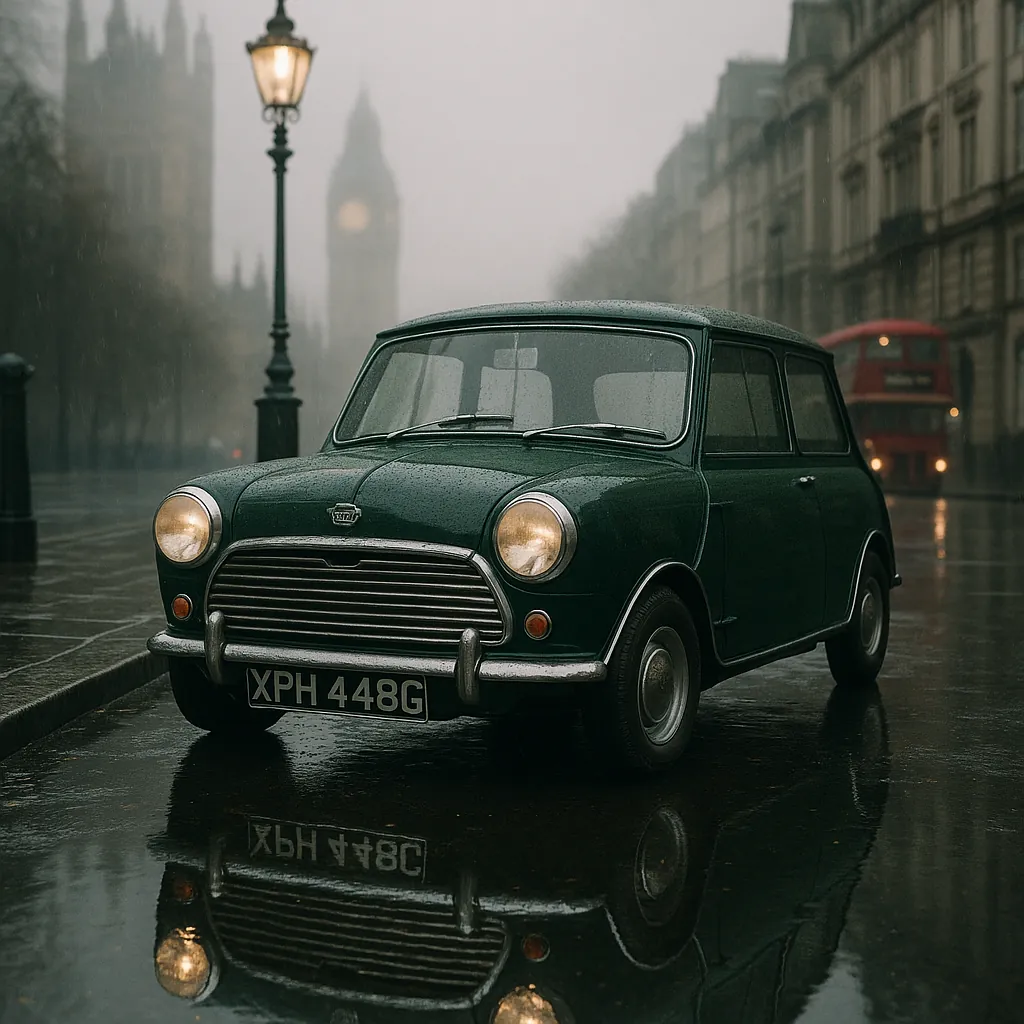 Discover a puzzle with a classic green Mini parked on a rain-slick London street, its headlights glowing softly and mirrored in puddles below.