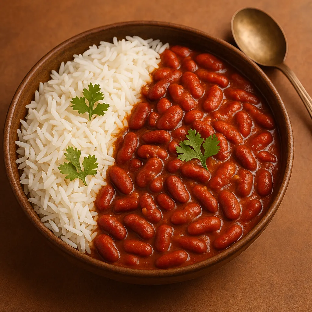 Discover a puzzle with a cozy bowl of white rice paired with rich red beans in a glossy tomato sauce, topped with bright cilantro leaves.