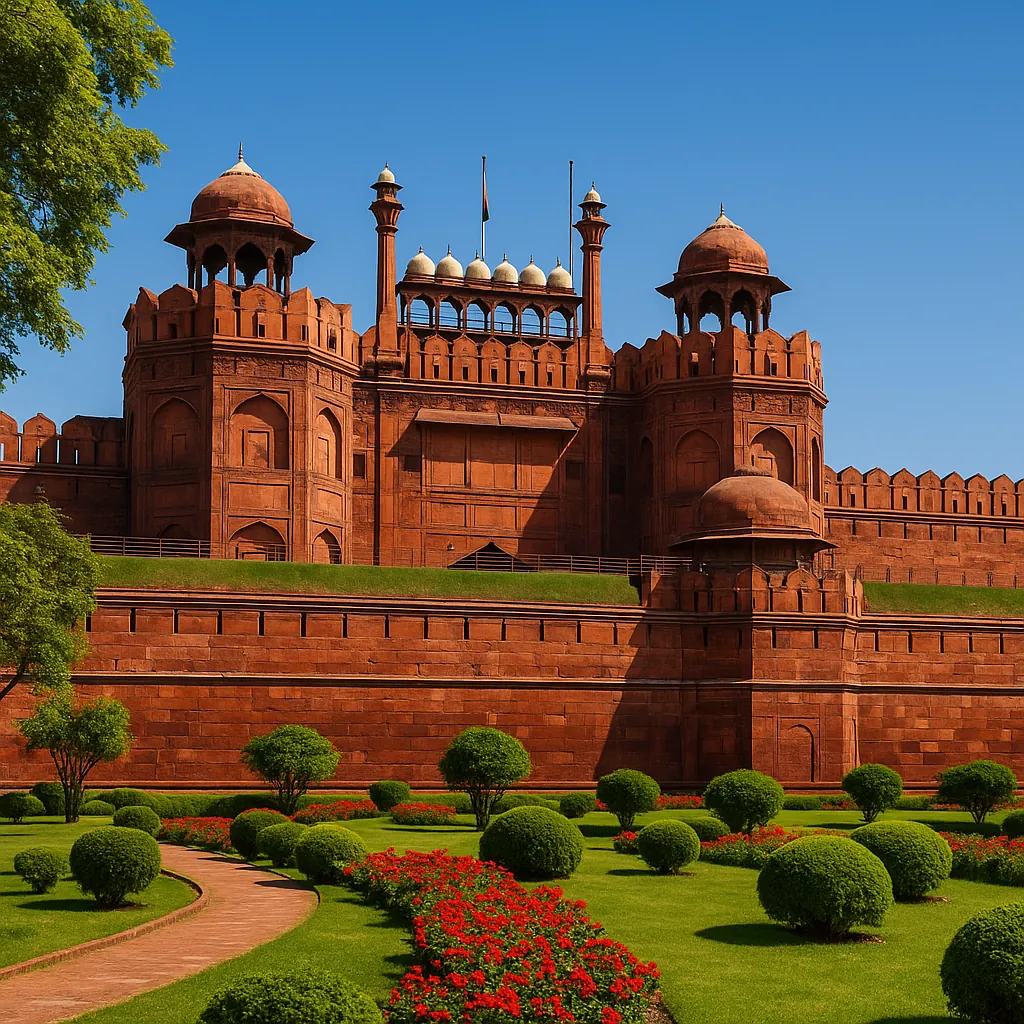 Discover a puzzle with a sunlit view of a grand red sandstone fort rising above neatly trimmed green lawns and bright red flowerbeds.