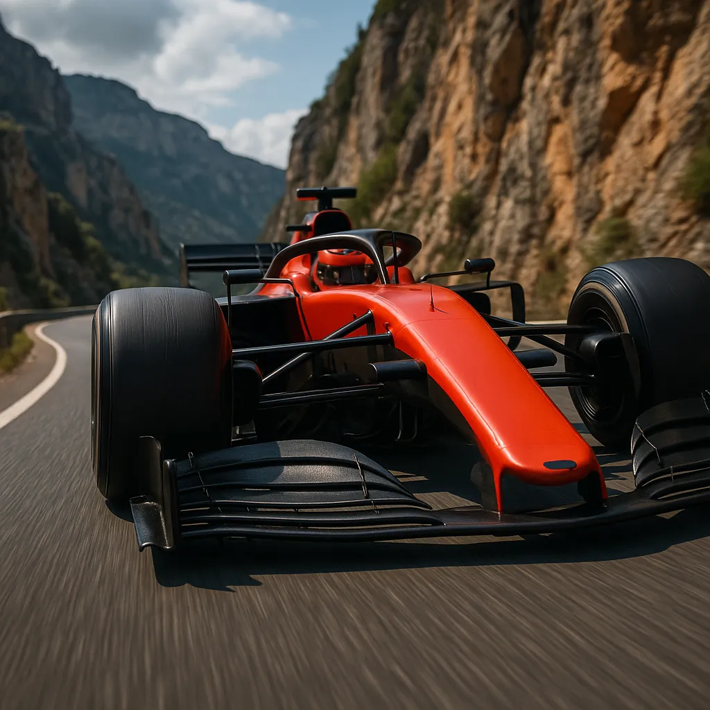 Discover a puzzle with a striking red Formula-style race car speeding along a winding mountain road between rugged, sunlit cliffs.