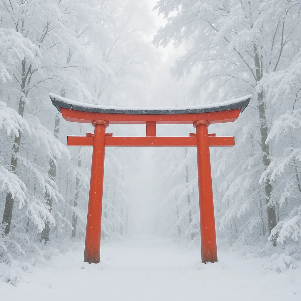 Discover a puzzle with a bright red torii gate standing amid a silent, snow‑clad forest — vivid vermilion contrasts beautifully against soft whites and cool gra