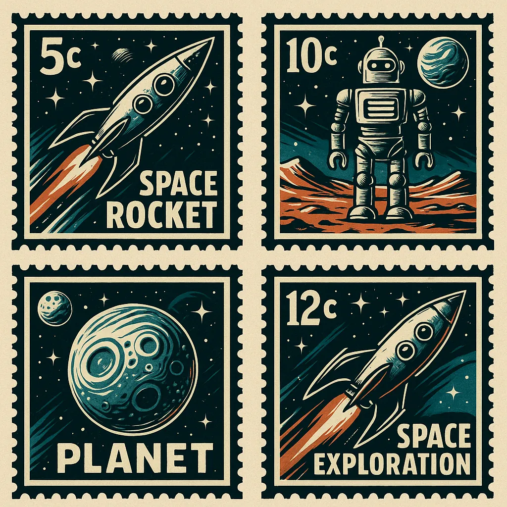 Enjoy assembling a puzzle depicting four vintage-style space postage stamps: two rockets blazing orange trails, a retro robot standing on a rust-colored alien p