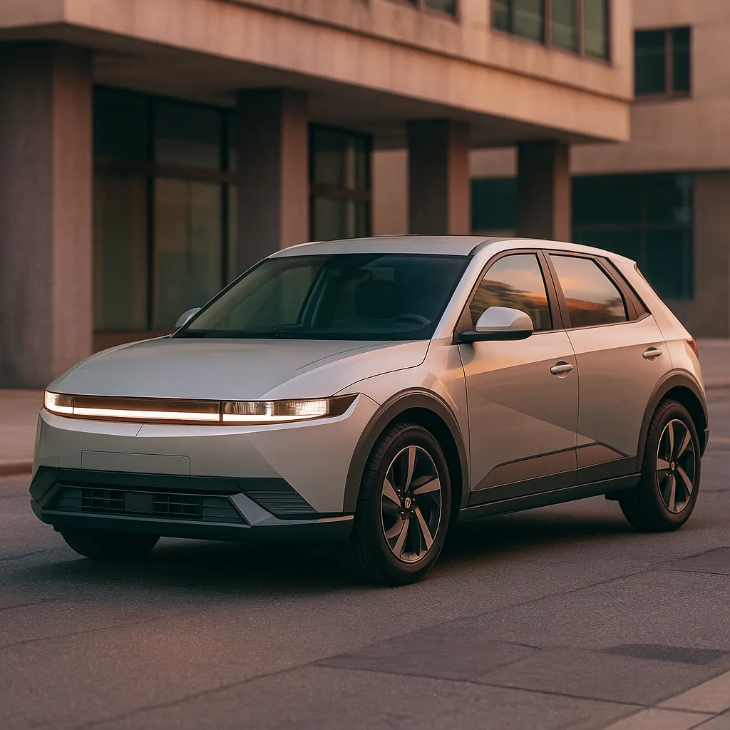 Discover a puzzle with a sleek silver electric crossover parked on a quiet urban street at golden hour.