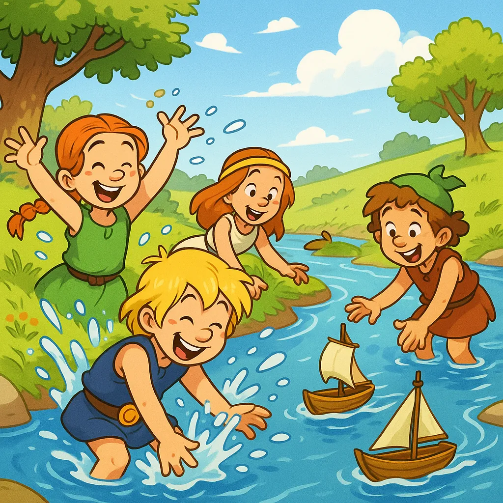Enjoy assembling a puzzle depicting four cheerful children playing with wooden sailboats in a sunlit stream surrounded by green hills and leafy trees.