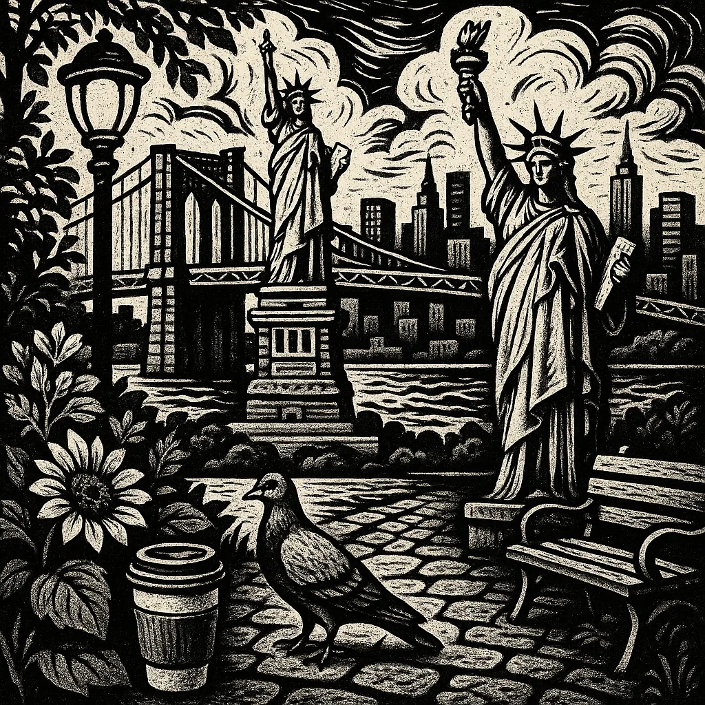 Discover a puzzle with a striking black-and-white woodcut scene of the Statue of Liberty and a skyline framed by the Brooklyn Bridge.