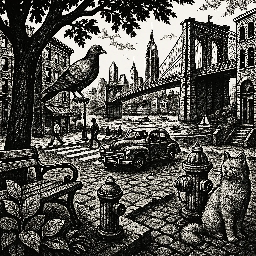Discover a puzzle with a detailed black-and-white cityscape showing a peaceful riverside scene beneath a grand suspension bridge, vintage car and skyline in the