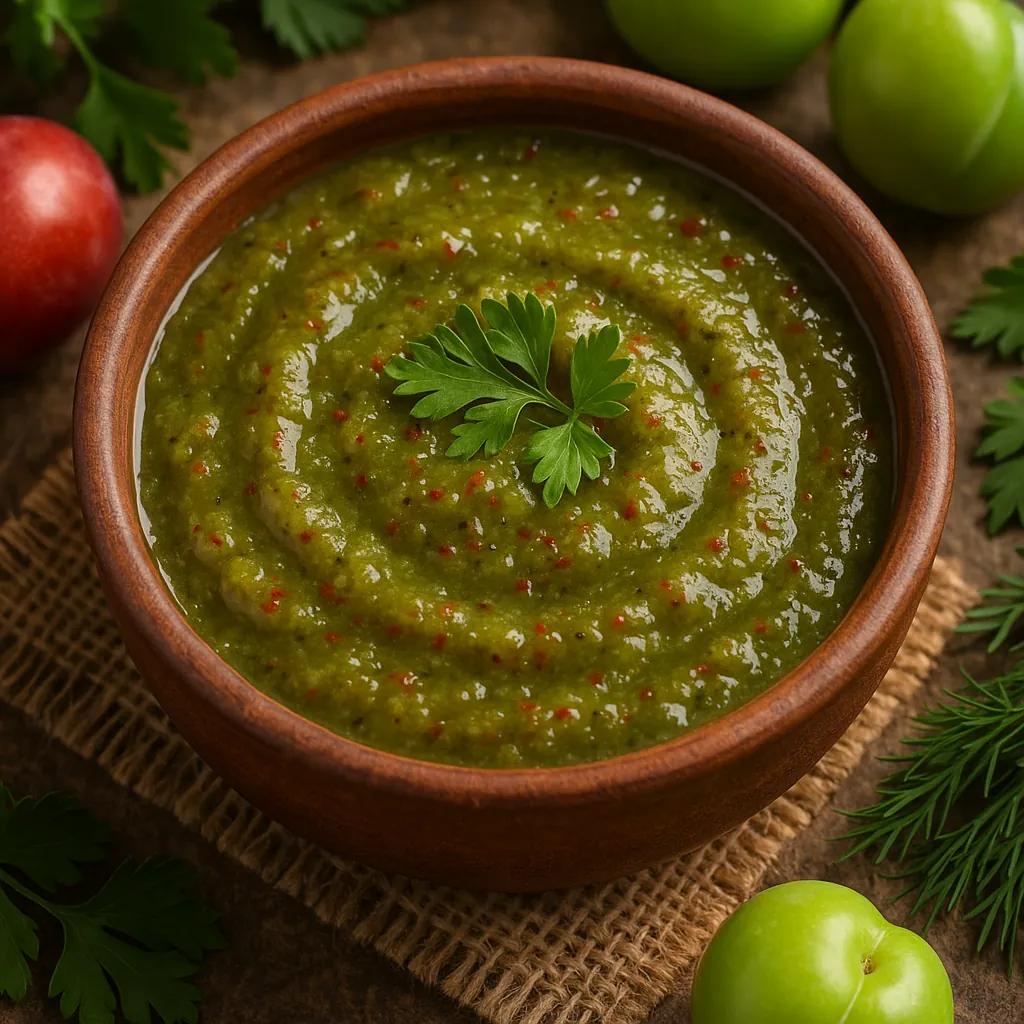 Discover a puzzle with a close-up of a wooden bowl filled with smooth green salsa, its glossy swirls dotted with tiny red flecks and crowned by a fresh parsley