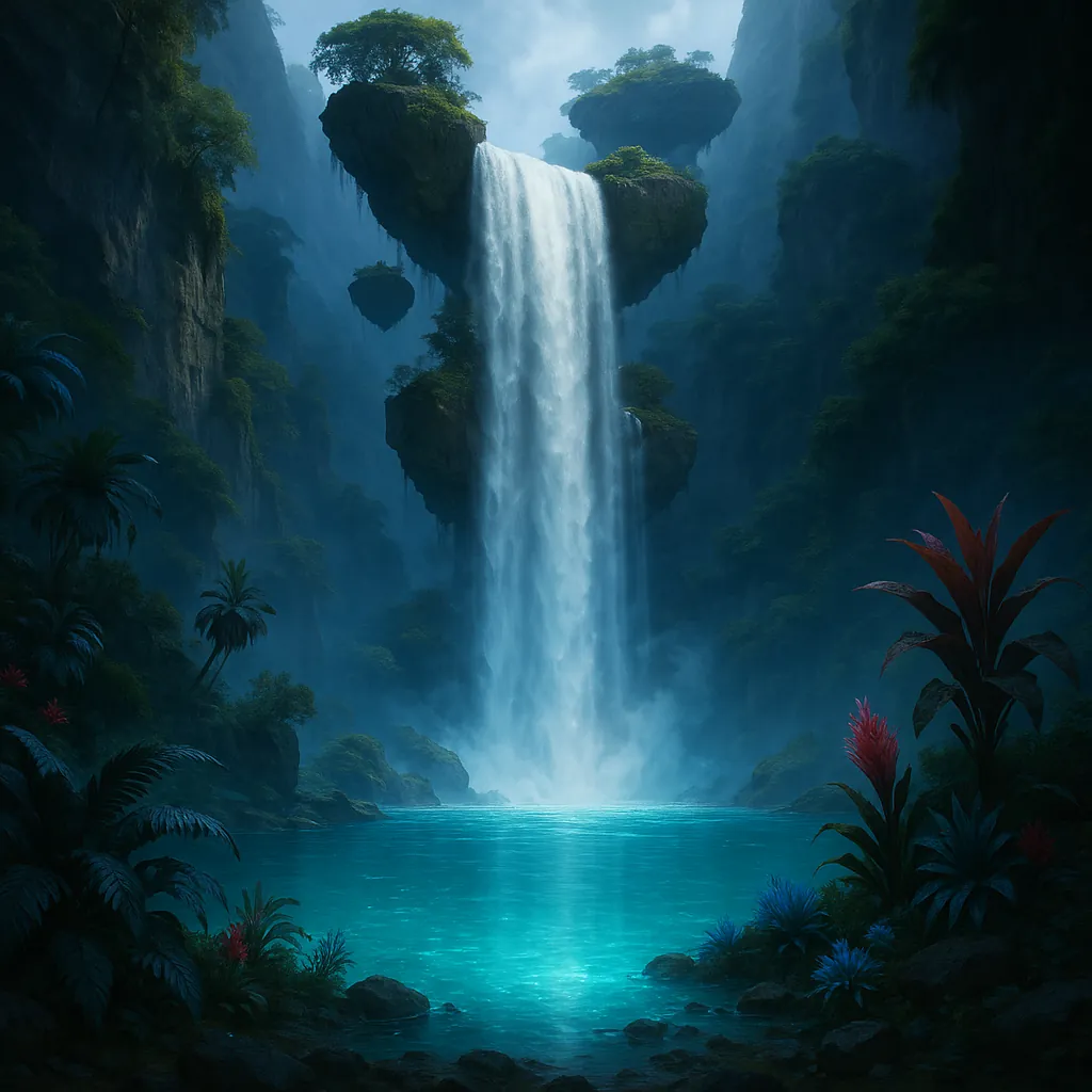 Discover a puzzle with a magical waterfall cascading from floating rock islands into a glowing turquoise pool, set deep within a lush, misty jungle.