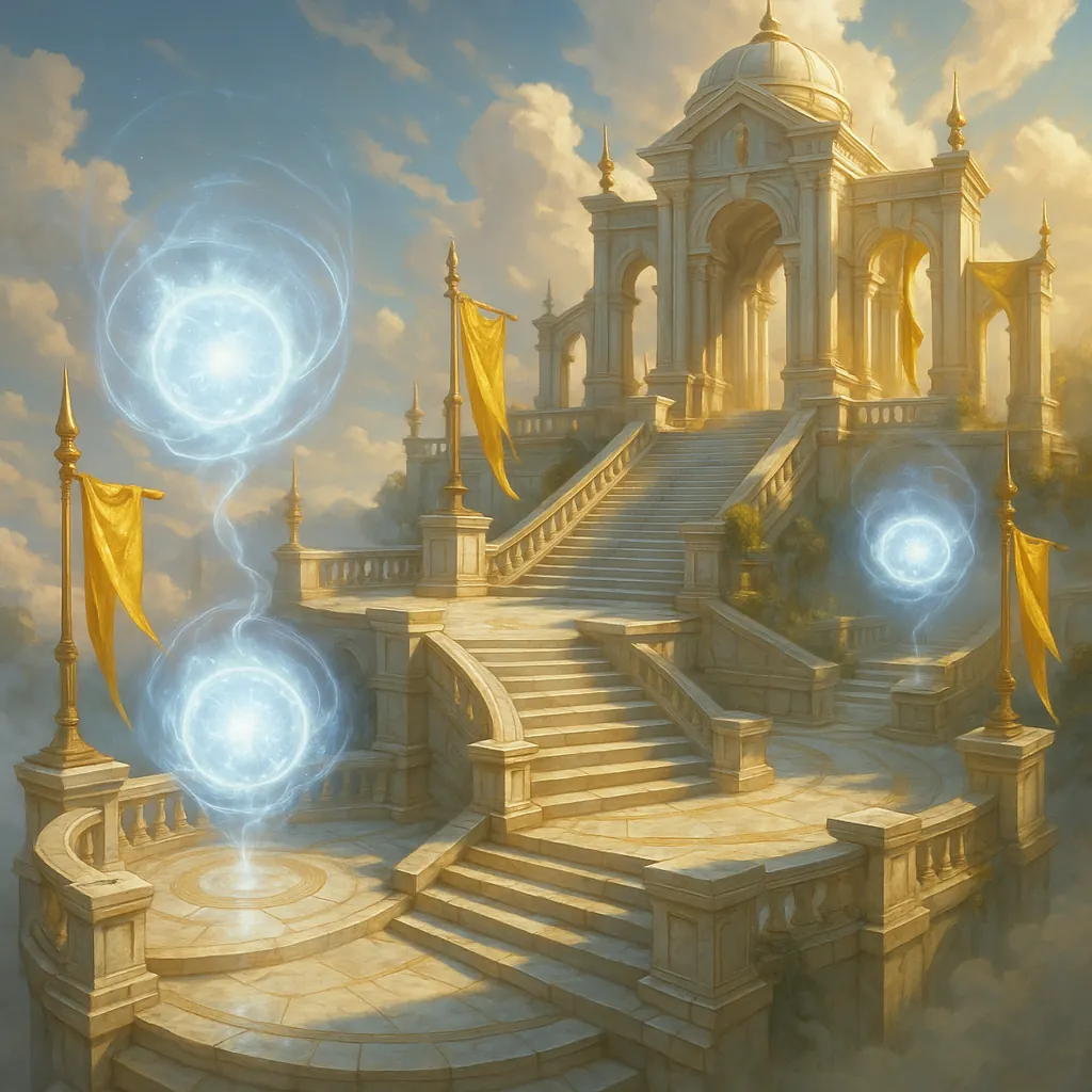 Discover a puzzle with a sunlit marble stairway leading to a classical temple in the clouds, complete with sweeping balustrades, graceful arches, and fluttering