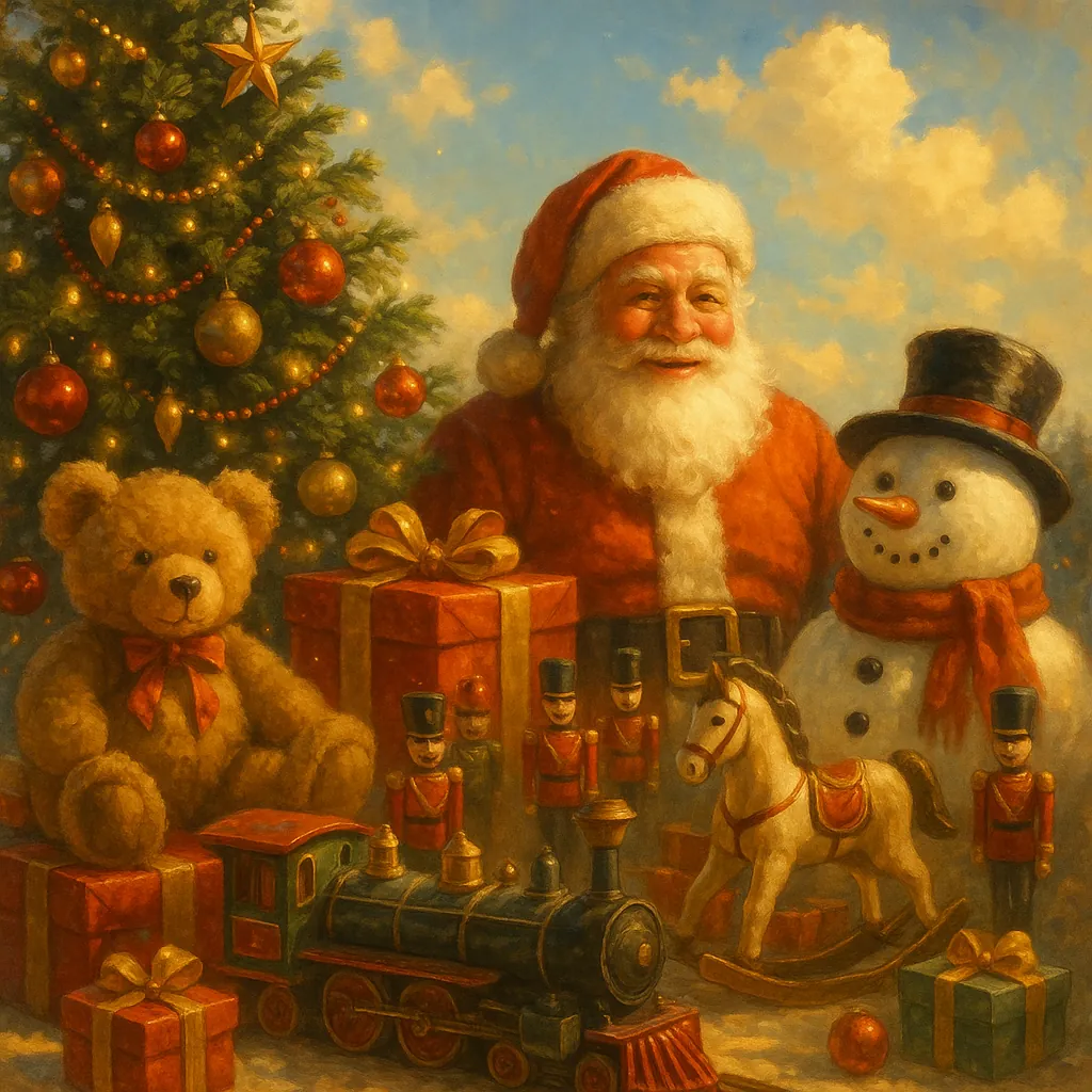 Discover a puzzle with a heartwarming Christmas scene featuring a cheerful Santa Claus surrounded by classic toys — a plush teddy bear, a wooden rocking horse,