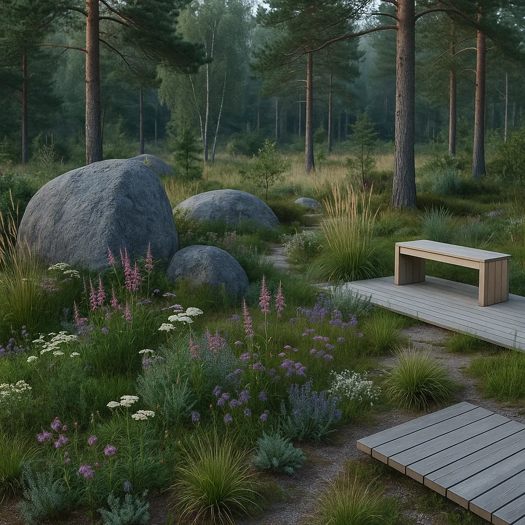 Discover a puzzle with a serene forest clearing where tall pine trunks rise above mossy boulders and a wooden bench and boardwalk invite quiet reflection.