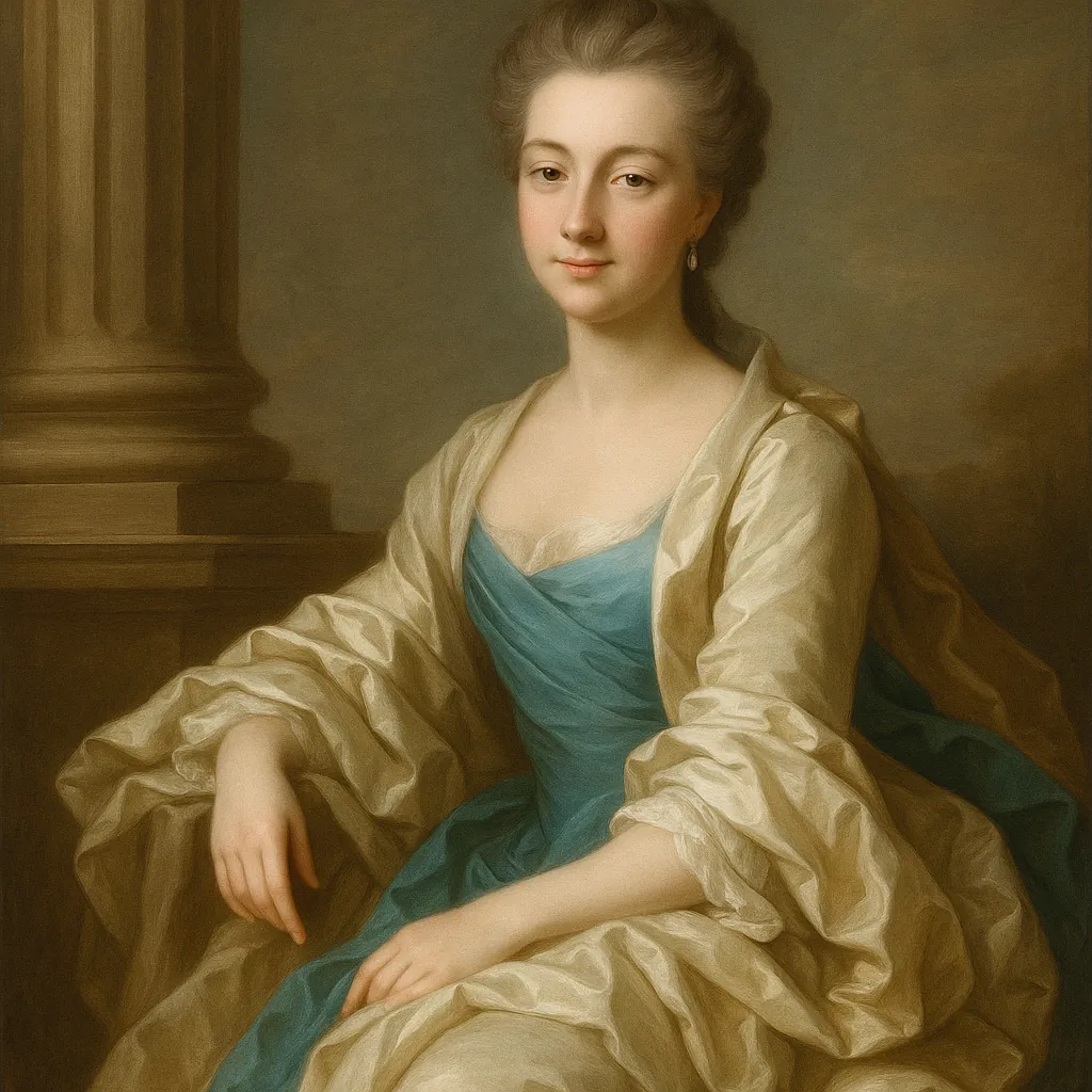 Enjoy assembling a puzzle depicting a graceful classical portrait of a young woman in a soft teal gown and flowing cream drapery, set against a warm, muted back