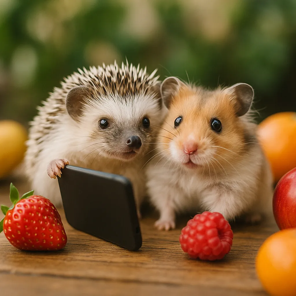 Discover a puzzle with an adorable hedgehog and a curious hamster nestled among bright berries and soft, sunlit fruits on PuzzleFree.Game.