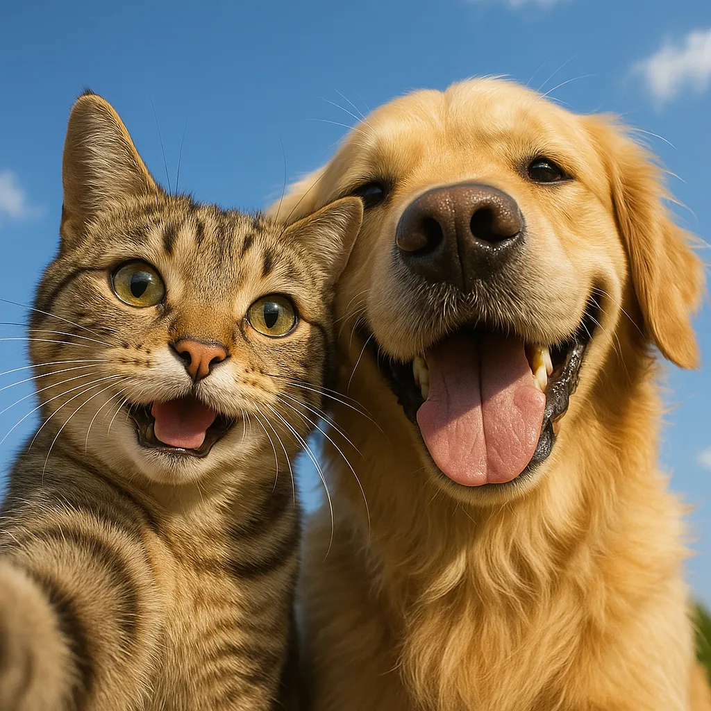 Discover a puzzle with an adorable close-up of a smiling golden retriever and a curious tabby cat against a clear blue sky — warm golden and brown fur tones, br