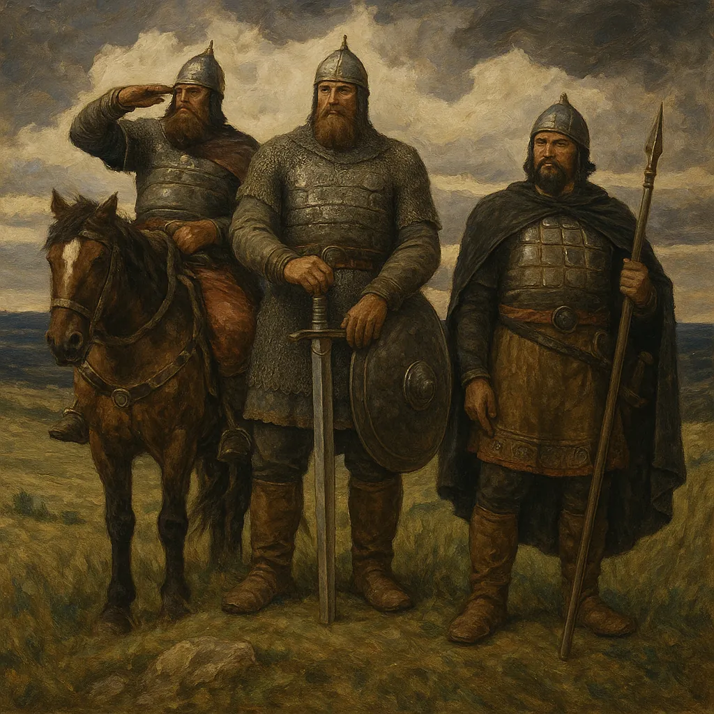 Discover a puzzle with three stoic medieval warriors standing on a windswept hill under a brooding, cloud-filled sky.