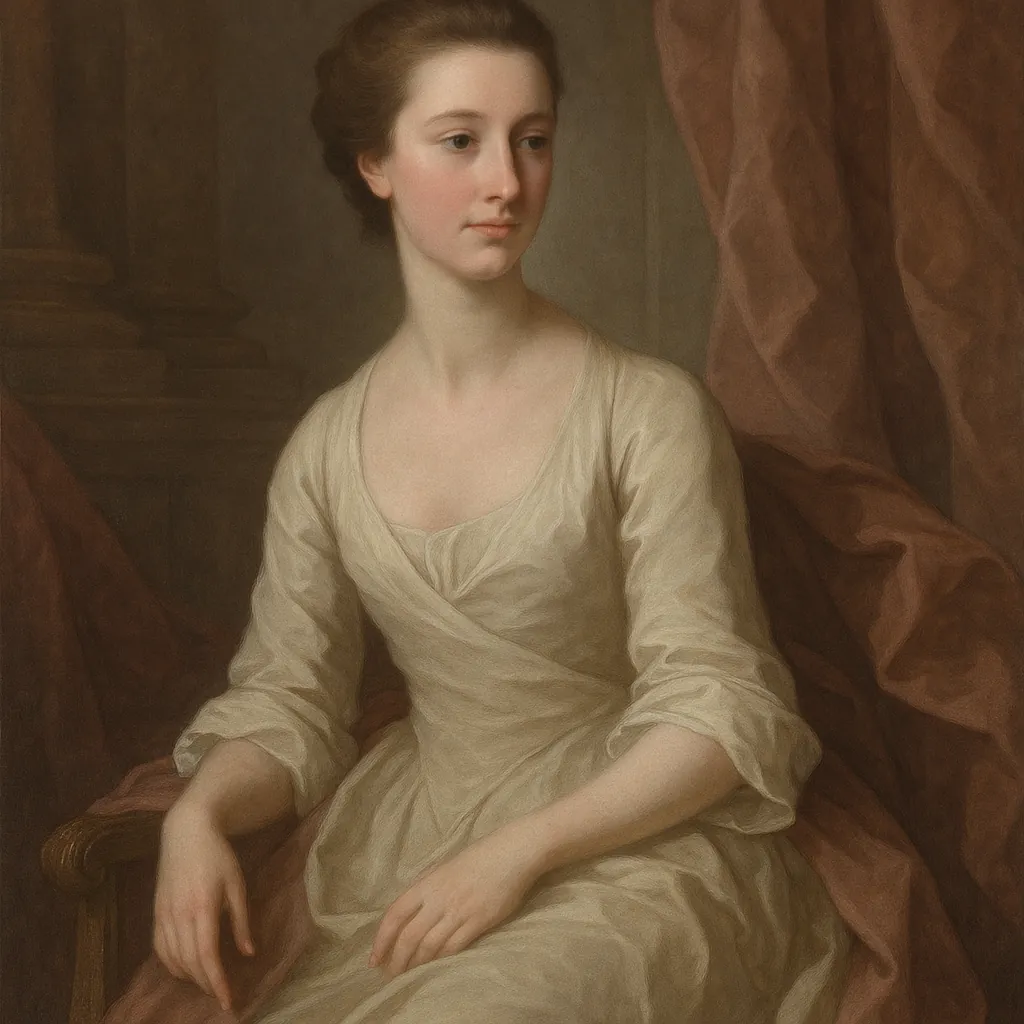 Discover a puzzle with a graceful classical portrait of a young woman in a soft cream dress, seated against warm brown drapery and muted architectural tones.