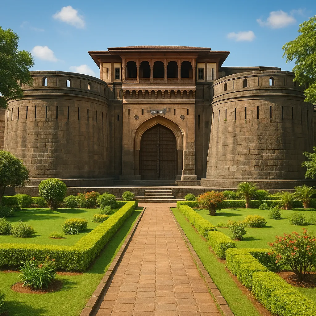 Discover a puzzle with a grand historic stone fortress gate framed by twin rounded bastions, a straight brick path and perfectly trimmed green gardens under a b
