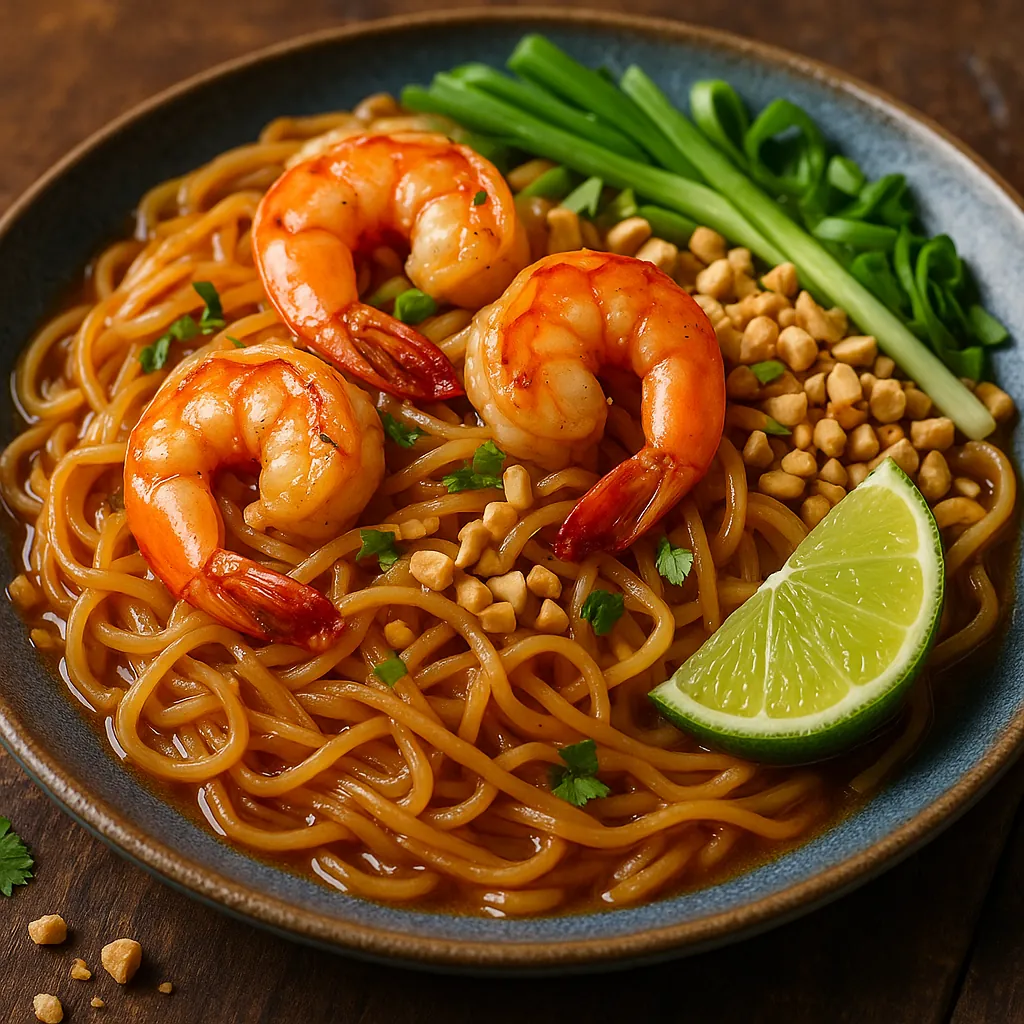 Enjoy assembling a puzzle depicting a steaming bowl of shrimp noodles — glossy orange-brown broth-tinted strands topped with three plump, succulent prawns, crun
