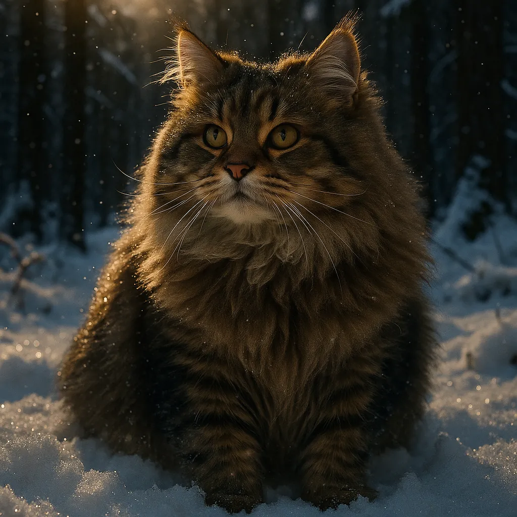 Enjoy assembling a puzzle depicting a majestic, long-haired tabby cat sitting in a snowy forest at golden hour.