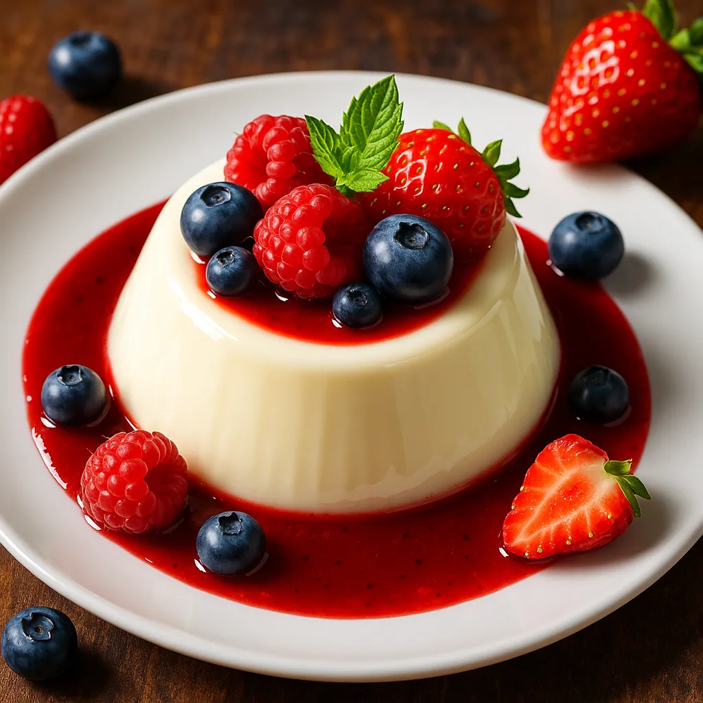 Enjoy assembling a puzzle depicting a creamy panna cotta topped with vibrant strawberries, raspberries and blueberries, glossy red berry sauce pooling on a whit
