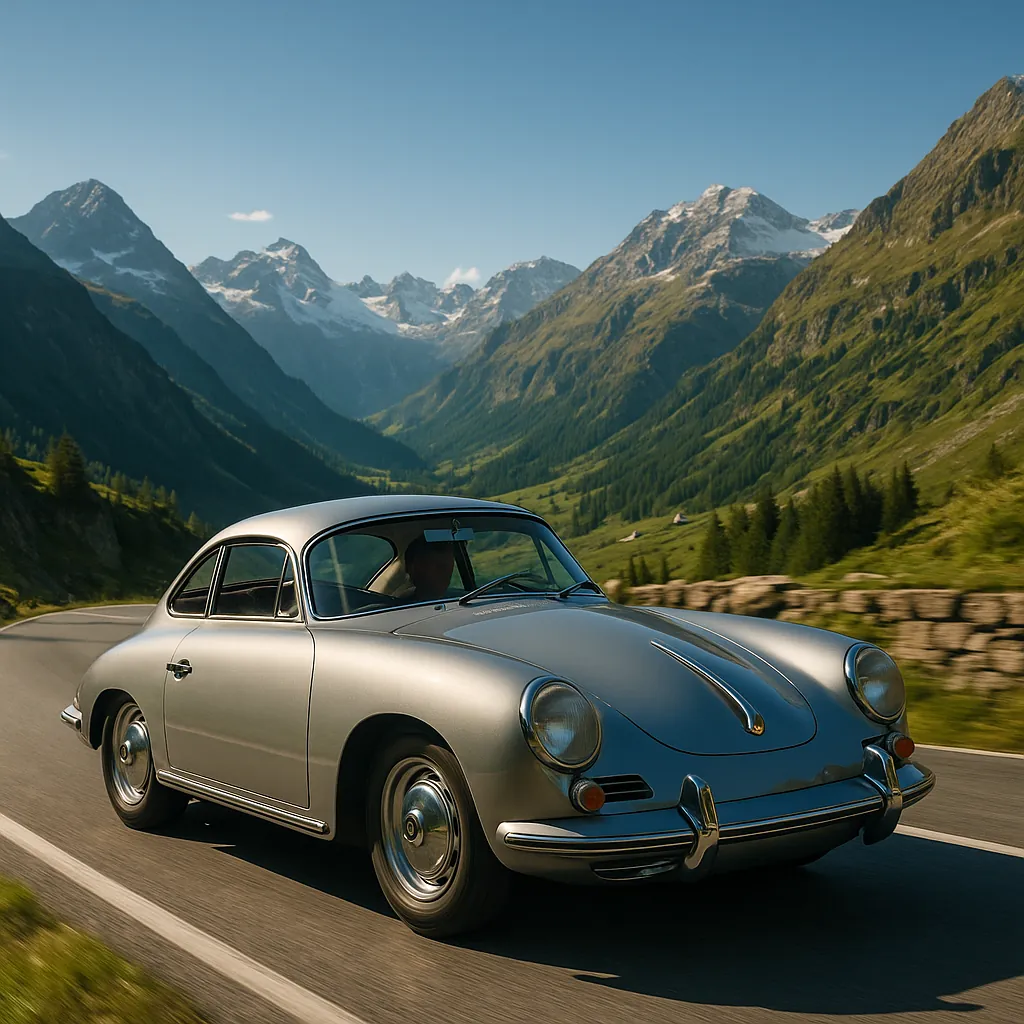 Discover a puzzle with a sleek silver classic sports car cruising along a winding mountain road set in a sunlit alpine valley.