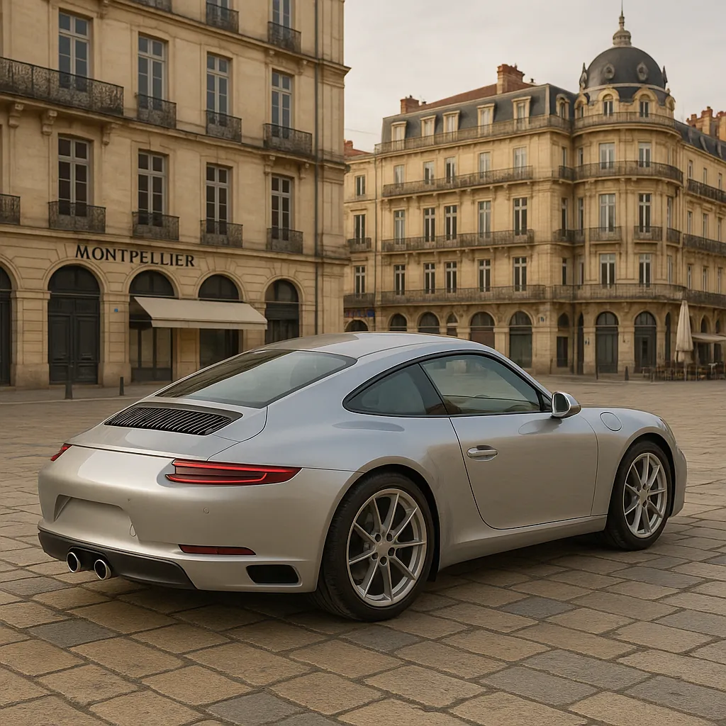 Discover a puzzle with a sleek silver sports car parked on a sun-warmed cobblestone square in front of elegant, honey‑colored stone buildings marked "Montpellie