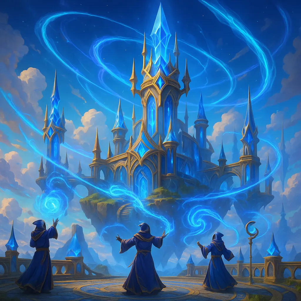 Discover a puzzle with a floating crystal castle surrounded by swirling blue magic and gilded spires, set against a soft sky of cotton clouds and luminous twili