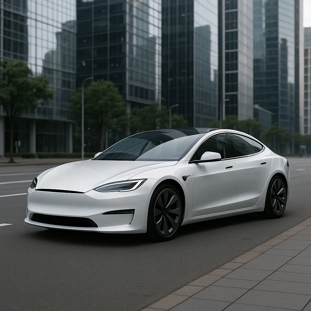 Discover a puzzle with a sleek white electric sedan parked on a quiet city street, framed by reflective glass skyscrapers and soft urban greenery.