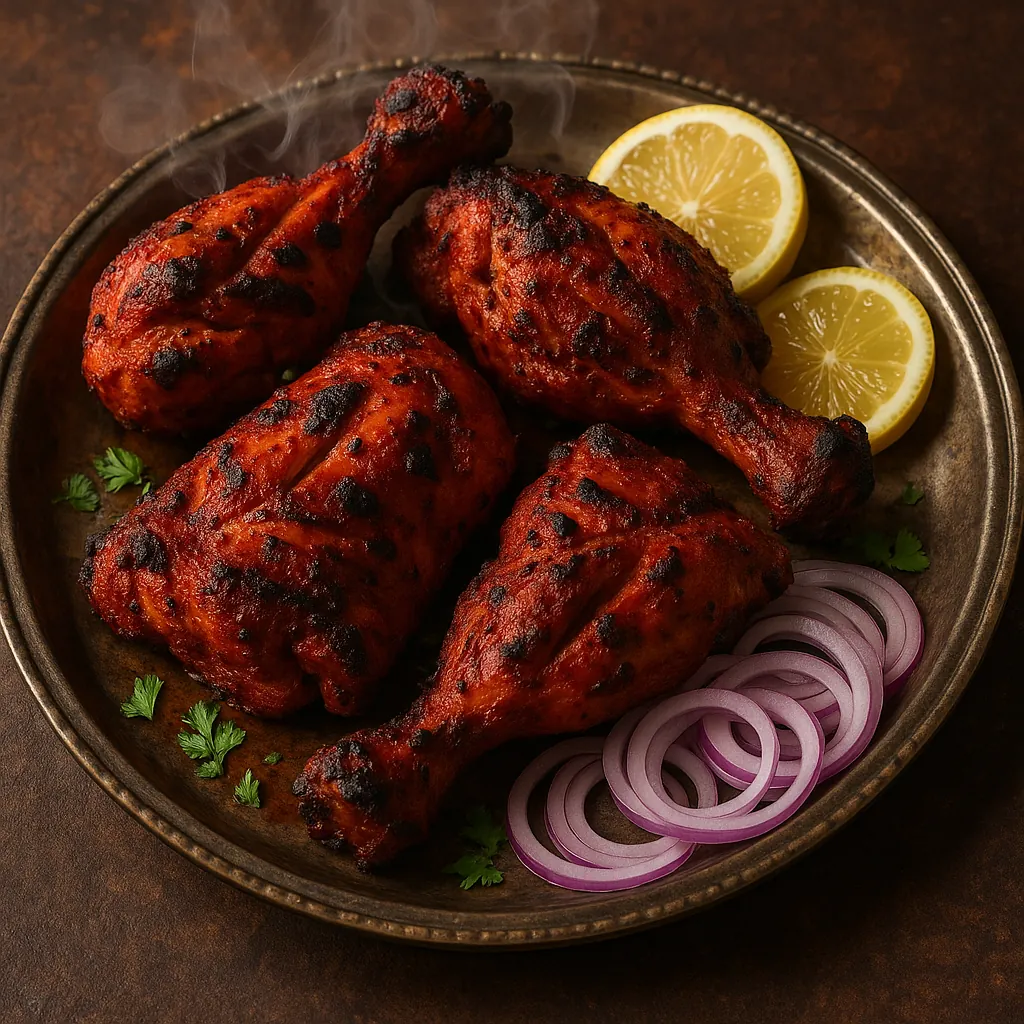 Discover a puzzle with a steaming platter of grilled tandoori chicken—charred, reddish-orange drumsticks and thighs arranged on a rustic metal plate with bright