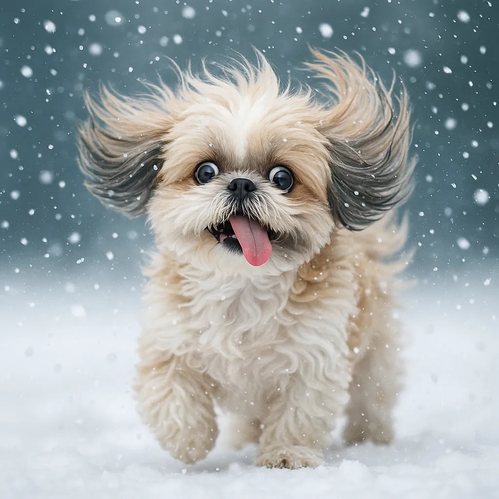 Discover a puzzle with an adorable fluffy puppy bounding through a gentle snowfall, its cream-and-tan fur contrasting warmly against a cool blue-gray winter bac