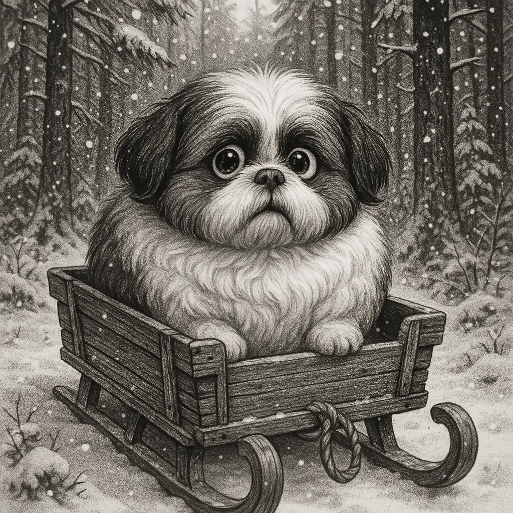 Discover a puzzle with an adorable fluffy pup tucked into a rustic wooden sled amid a softly falling snow in a quiet pine forest.