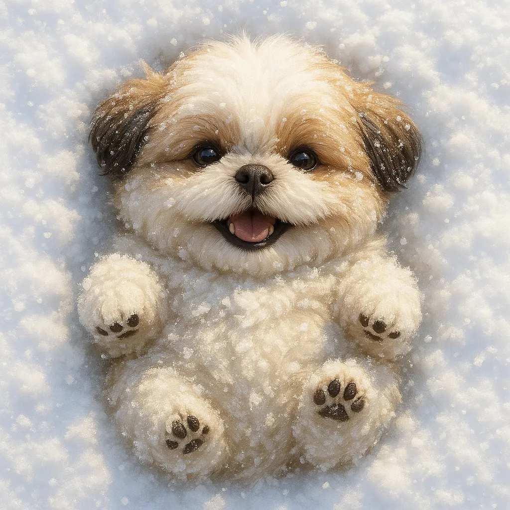 Discover a puzzle with an adorable fluffy puppy lying on its back in fresh white snow, its warm cream and tan fur dusted with sparkling snowflakes.
