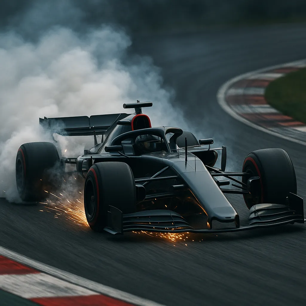 Discover a puzzle with a sleek, black open‑wheel race car sliding through a wet track corner, trailing a dramatic plume of smoke and a spray of golden sparks.