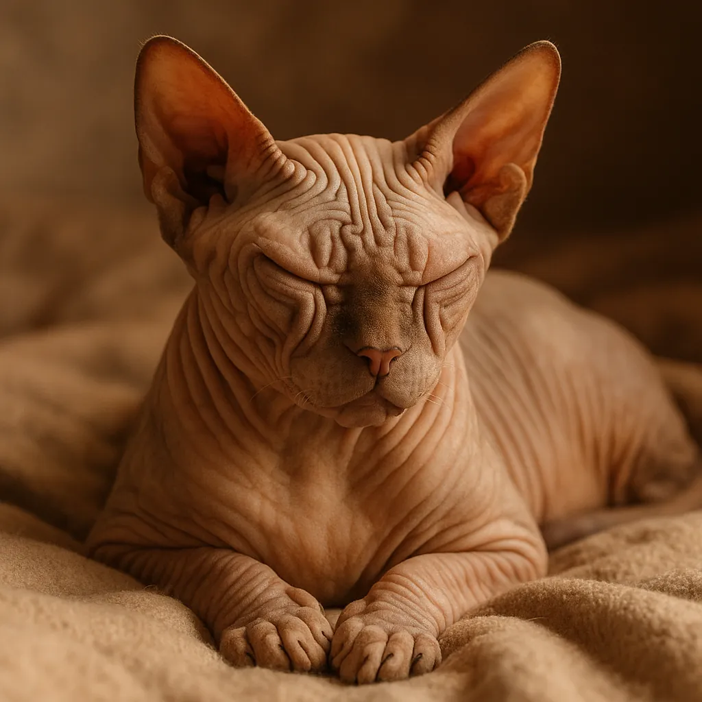 Enjoy assembling a puzzle depicting a peaceful Sphynx cat curled up on a soft blanket — warm beige and tawny tones, rich skin textures, and graceful folds creat
