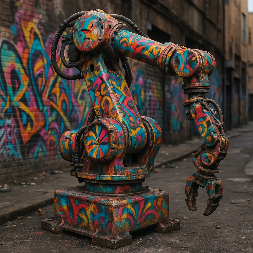 Discover a puzzle with a colorful, graffiti-covered robotic arm standing in a gritty urban alley — vibrant blues, pinks, yellows, and oranges swirl across metal