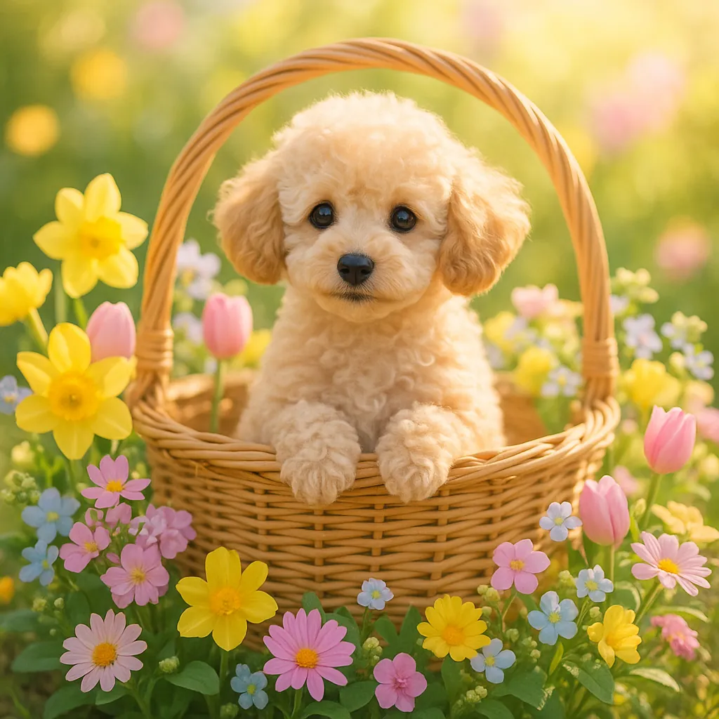 Discover a puzzle with an adorable fluffy puppy sitting in a woven basket surrounded by a spring meadow of pastel tulips, daffodils, and tiny wildflowers.