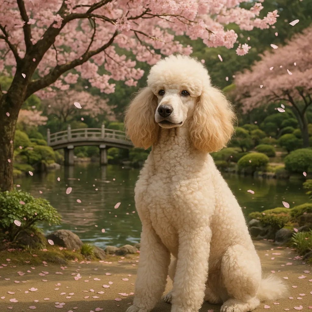 Discover a puzzle with a charming cream-colored poodle sitting serenely in a Japanese garden surrounded by blooming pink cherry blossoms, a gentle pond, and an