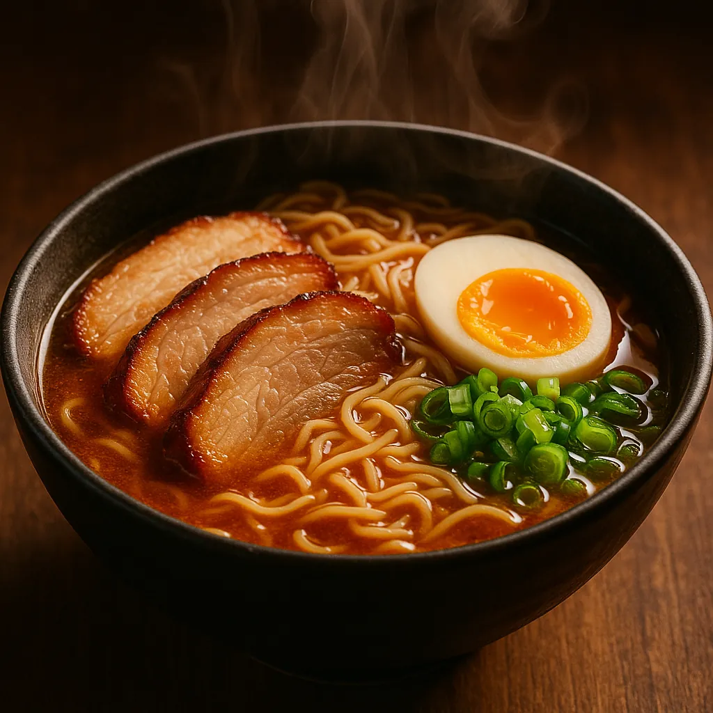 Discover a puzzle with a steaming bowl of ramen featuring rich, caramel-brown broth, three glossy slices of chashu, a perfectly soft-boiled egg with a golden yo