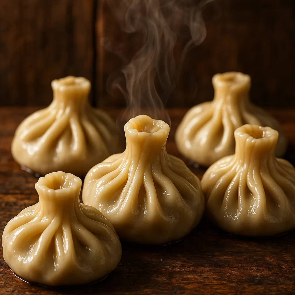 Discover a puzzle with steaming, hand-folded dumplings arranged on a warm wooden surface.