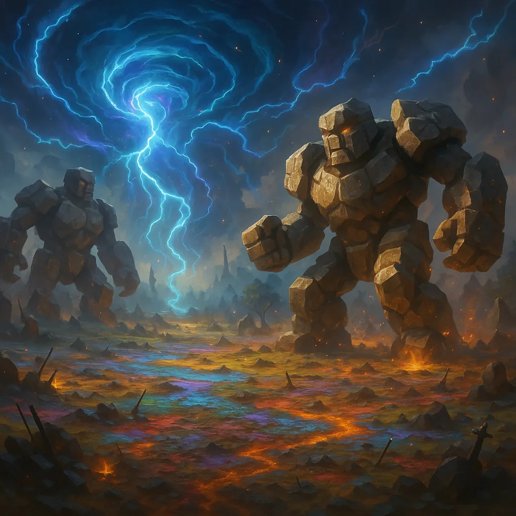 Discover a puzzle with towering stone golems striding across a cracked, lava-tinted plain beneath a swirling blue lightning vortex.
