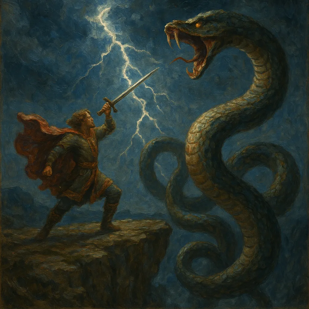 Discover a puzzle with a dramatic fantasy scene of a lone warrior on a rocky ledge raising his sword toward a towering, coiled serpent beneath a crackling, ligh